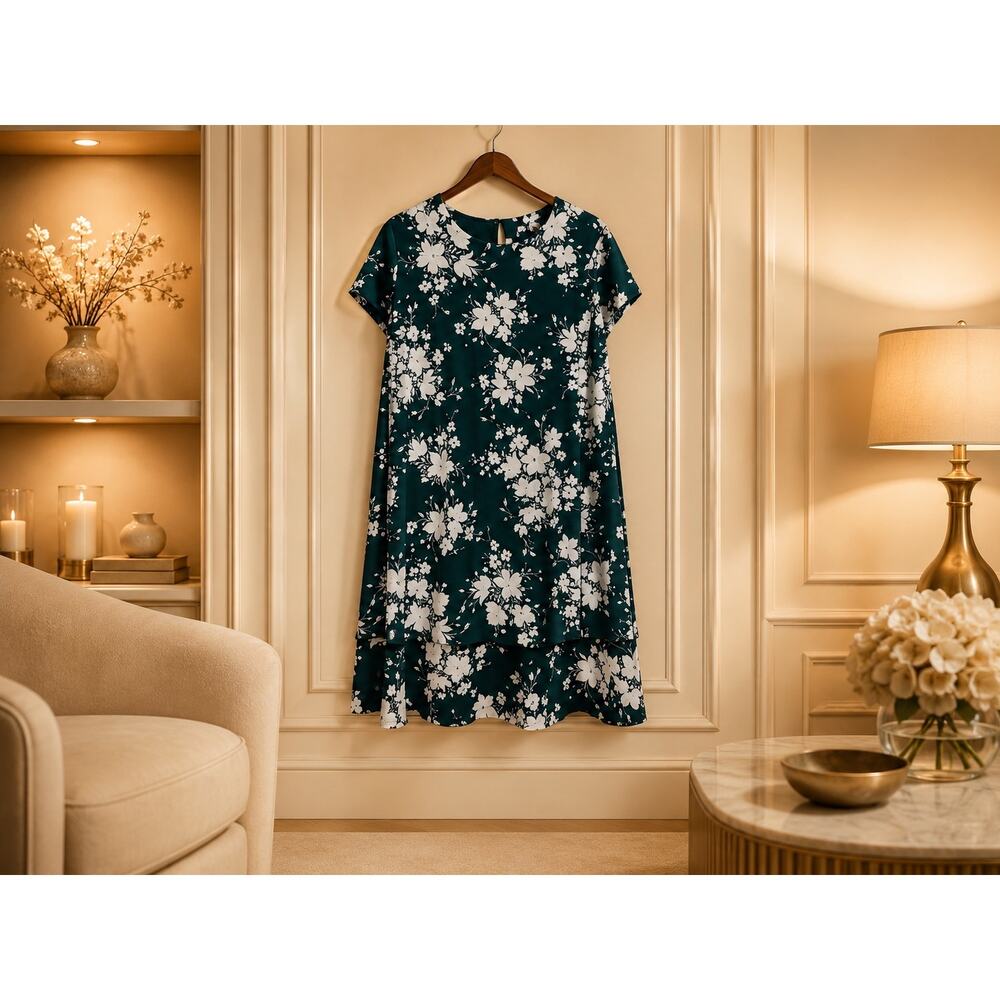 J Jill Wearever Green White Floral Dress Petite Sm Stretch Black Piping Travel
